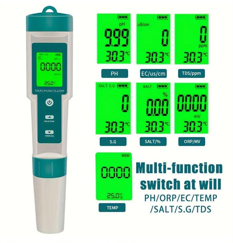 Tester de calitate a apei 7 in 1(PH, TDS, EC, Salinitate, ORP, H2, T, SG)